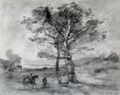 Jean-Baptiste-Camille Corot (French, 1796-1875)  A Horseman and Traveler on Foot Nearing Two Trees, 1874  Charcoal and black chalk on laid paper