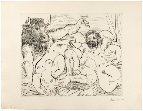 Pablo Picasso (1881 – 1973)  SCÈNE BACCHIQUE AU MINOTAURE, 1933  From the deluxe edition of the Suite Vollard