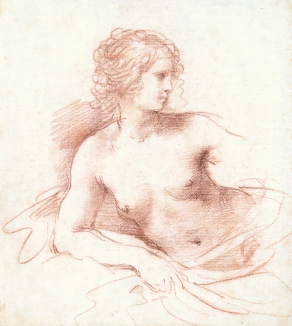GIOVANNI FRANCESCO BARBIERI, called IL GUERCINO A Half-length Female Nude Looking to the Right, Resting her Right Arm on a Cushion Red chalk