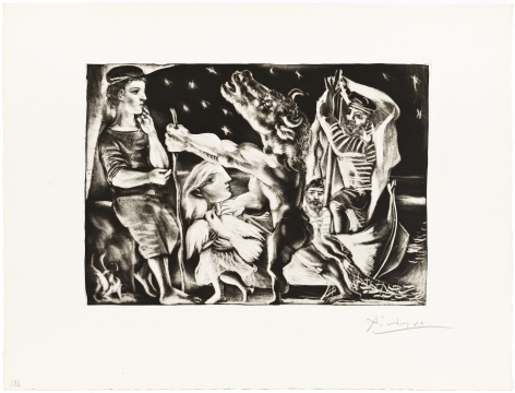 Pablo Picasso (1881 – 1973)  MINOTAURE AVEUGLE GUIDÉ PAR UNE FILETTE DANS LA NUIT, 1934  From the deluxe edition of the Suite Vollard
