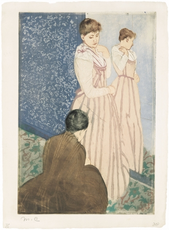 Mary Cassatt (1844 – 1926)  THE FITTING, 1890-1891  Drypoint and aquatint printed in colors, unique color proof, initialed in pencil M. C