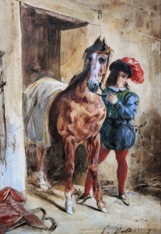 FERDINAND-VICTOR-EUGÈNE DELACROIX Jeune page et son cheval Watercolor over black chalk, heightened with gouache